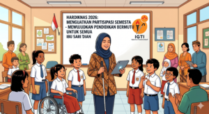 Ilustrasi suasana kelas inklusif dalam rangka Hardiknas 2026. Seorang guru wanita tunanetra mengenakan hijab dan batik berdiri di tengah, memegang tongkat putih dan tablet, dikelilingi oleh siswa-siswi yang beragam, termasuk pengguna kursi roda. Di latar belakang, terdapat papan tulis berisi pesan tentang pendidikan bermutu untuk semua